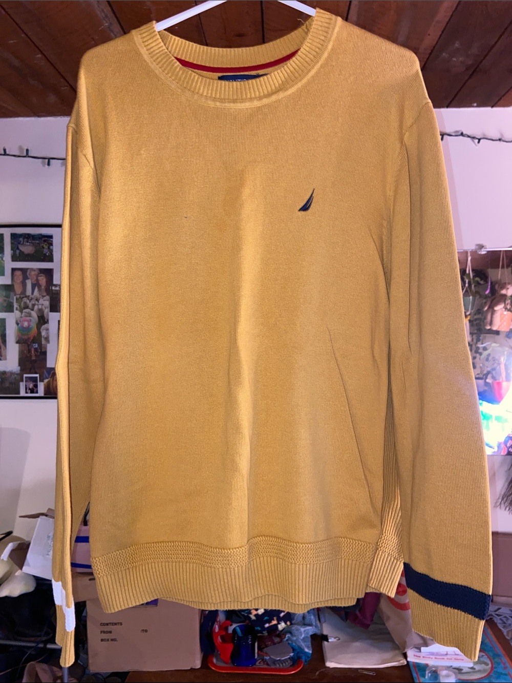 Nautica Men's Mustard Yellow Crewneck Sweater with Navy Sail Accent